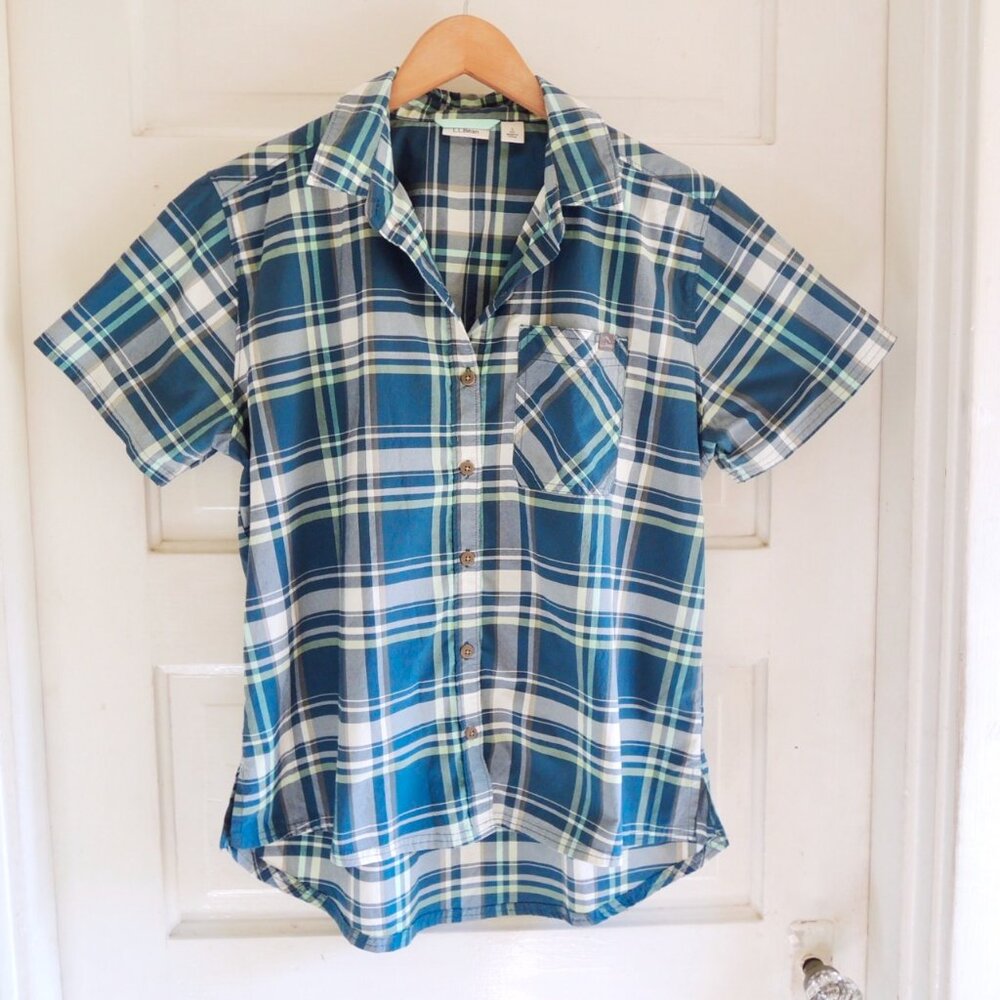 L.L. Bean Green & White Plaid Beach Cruiser Outdoor Shirt S *Runs L